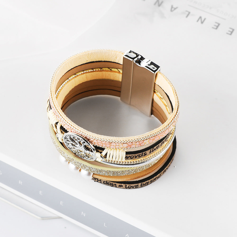 Wholesale Hand Woven Leather Hollow Tree of Life Multilayer Bracelet